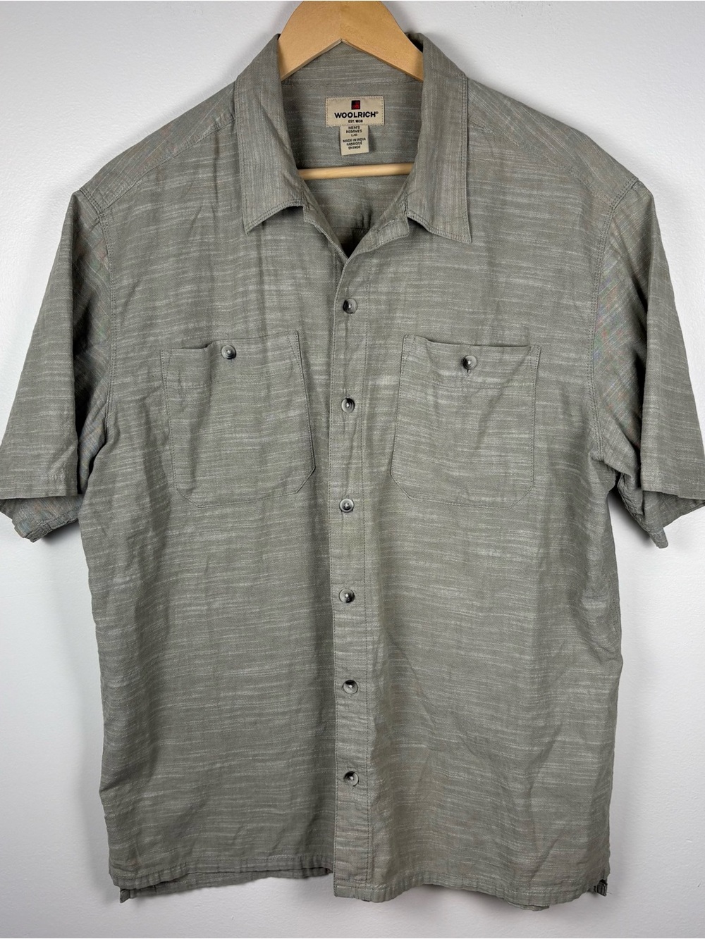 Woolrich Men’s Taupe Green Short Sleeve Button Up Shirt, Size Large Cotton